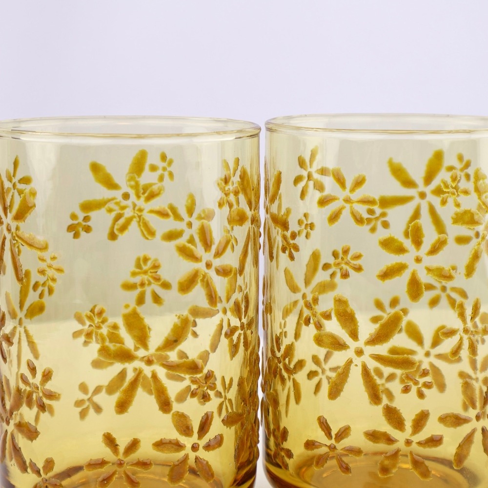 Vintage Libbey Gold Bouquet Amber Glass Tumblers Set 2 Floral Raised Pattern 5" - Picture 2 of 4